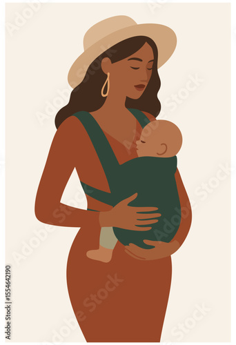 Vector illustration of a mother holding her baby with love and calm. Ideal for motherhood, parenting, baby care, and maternal connection visuals.