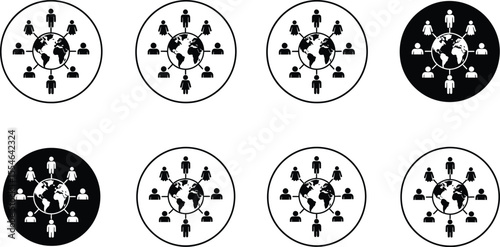 Eight global network icons with people connected around the world globe