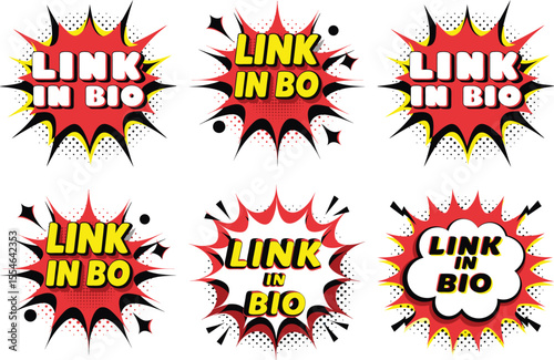 Six Vibrant "Link in Bio" Comic Book Style Pop Art Designs