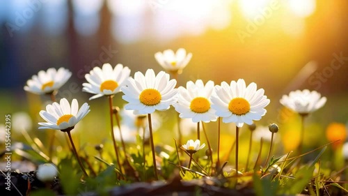 Daisies in the field bask under the warm sunlight, their white petals and yellow centers glowing softly