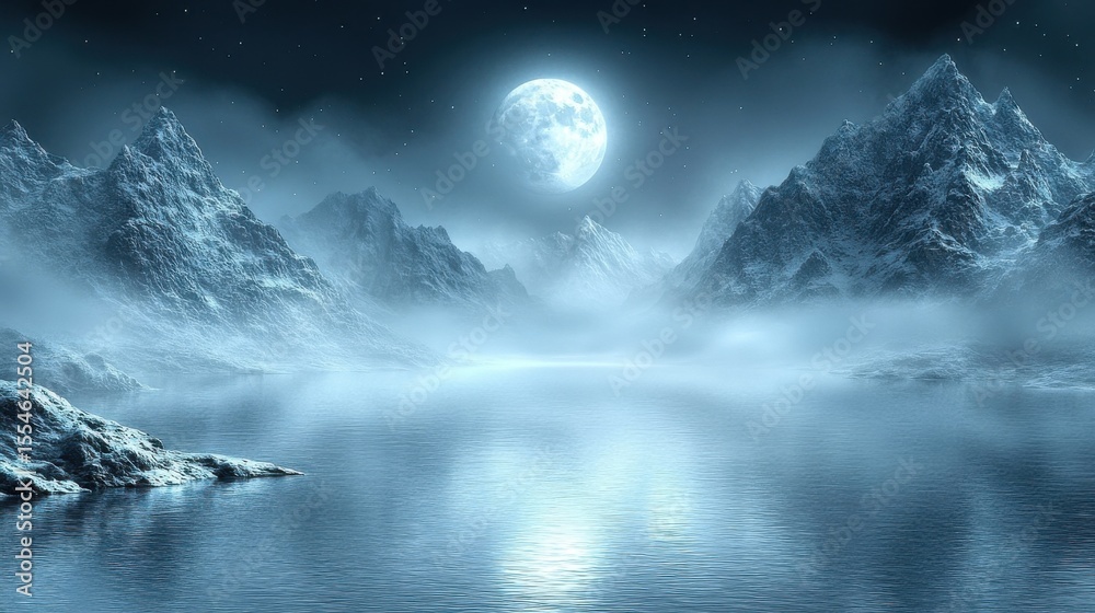 Fototapeta premium Majestic Winter Mountain Landscape With Full Moon Shining Over Cold Lake