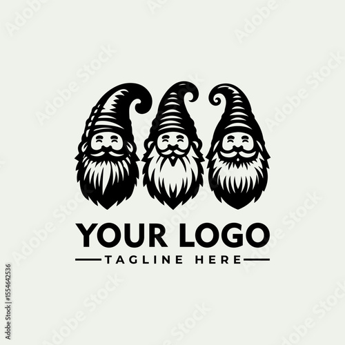 Three cheerful gnome heads arranged in a row, forming a logo design.