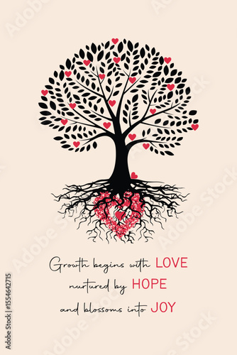 Heart of Growth: A stylized tree, adorned with heart-shaped leaves and a heart-filled root system, embodies growth, love, and hope. The image is set against a soft background.