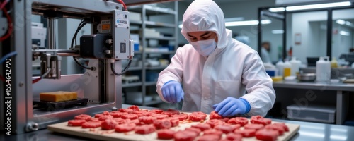Person in Protective Gear Arranging Raw Meat Slices Near a 3D Printer in a Modern Food Processing Facility