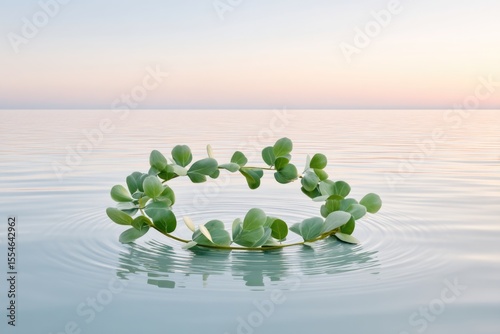 Wreath Floating Serenely on Calm Lake During Summer Solstice at Dawn Showcases Nature's Beauty and Tranquility