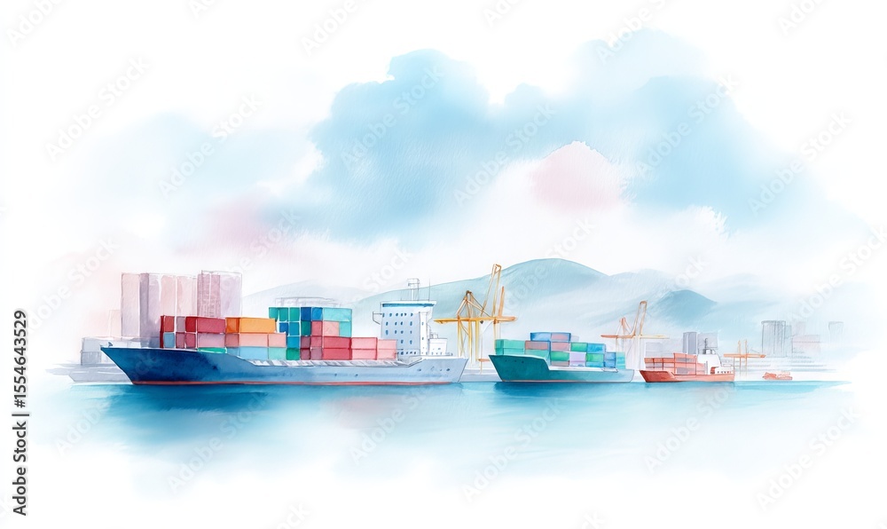 Obraz premium Vessels laden with containers sail through calm waters nestled among mountains under a sky filled with warm orange and grey tones, creating a soothing maritime landscape