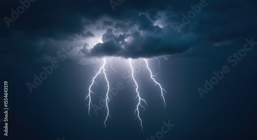 Dramatic thunderstorm illuminates dark clouds with brilliant lightning strikes, showcasing nature's