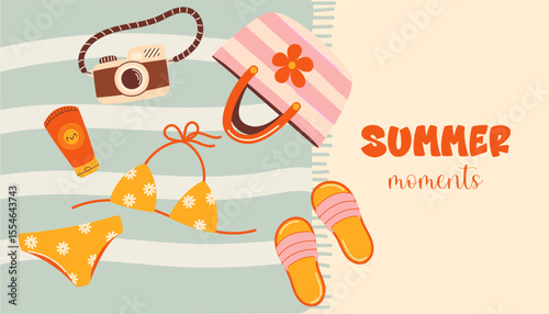 A set of summer holiday items laid out on a beach towel. Accesories for summer beach vacations. Summer bright banner illustration in simple flat style