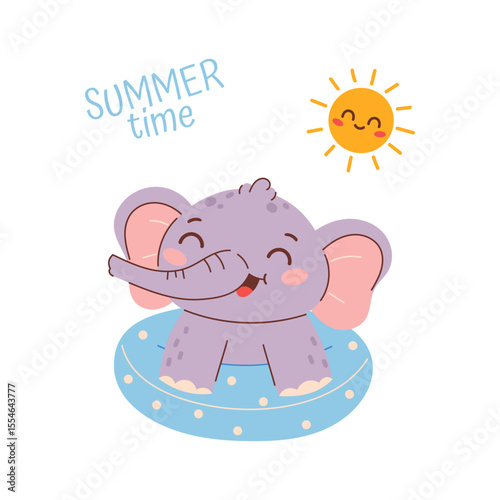 Cute smiling elephant in inflatable ring. Summer illustration of elephant in simple children's style 