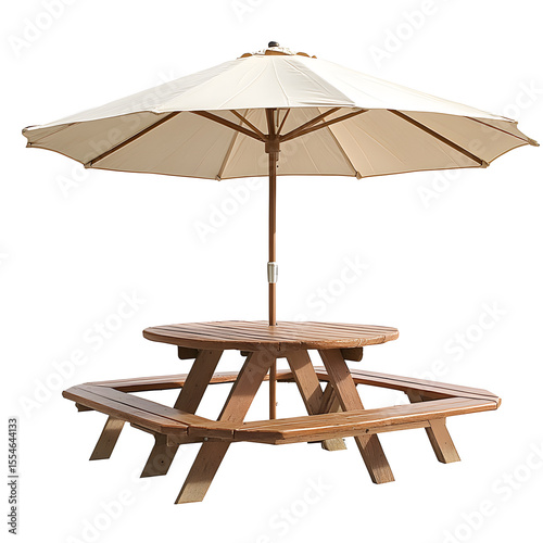 Isolated picnic table with umbrella providing shade for outdoor dining and relaxation in a garden
