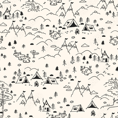 Cute hand drawn vector seamless pattern with camping doodles, tents, landscape and trails, great for textiles, banners, wallpapers