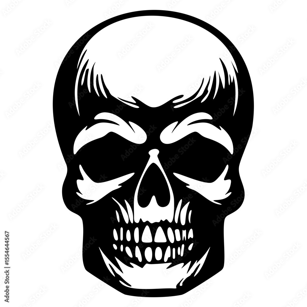 Fototapeta premium Bold Skull Stencil Art with Hair and Teeth Details - Grunge Horror Face Illustration for Tattoos, Stickers, and Dark Graphic Designs