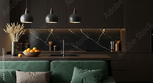  Sophisticated dark-toned kitchen blending modern design with natural marble elegance