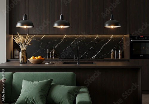 Sleek dark kitchen interior with a stunning veined marble backdrop and stylish pendant lamps