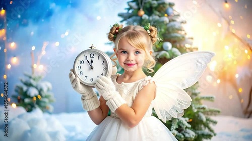 Fairy girl with clock, winter backdrop, Christmas tree & lights