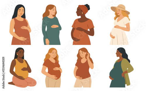 Vector set of diverse pregnant women in different poses and outfits. Ideal for maternity, prenatal care, motherhood content, and inclusive health or parenting visuals.
