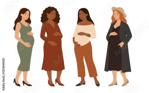 Vector illustration of four pregnant women standing and smiling. Diverse skin tones, stylish outfits, and relaxed poses. Ideal for maternity, motherhood, diversity, or women’s health themes.