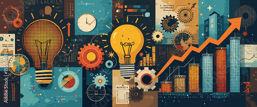 Innovative Business Growth Concept with Light Bulbs, Charts, and Gears in a Modern Abstract Design