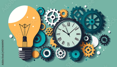 Creative Concept of Innovation and Time Management with Light Bulb and Clock Gears on Green Background