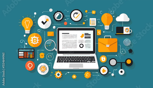 Modern Digital Workspace with Laptop and Business Icons on Blue Background for Innovative Technology and Productivity