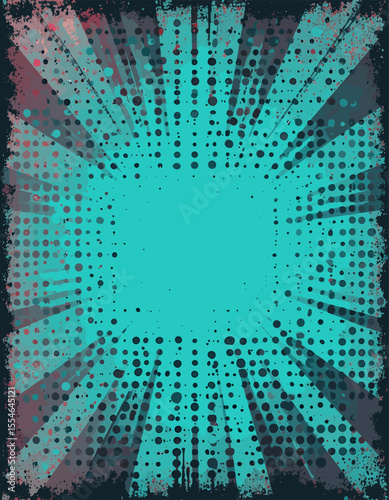 Vibrant Retro Pop Art Background with Dynamic Halftone Dot Pattern in Turquoise and Black