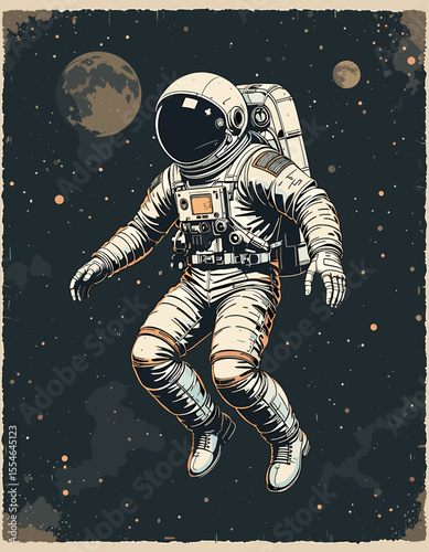 Retro-Style Illustration of an Astronaut Floating in Space with Planets in the Background