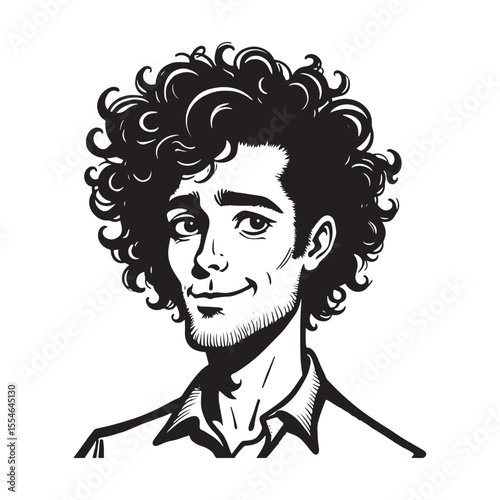 Hand-drawn cartoon portrait of young man with curly hair, stylish casual look, vector illustration.
