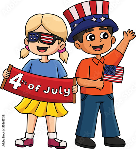 4th of July Kids Celebrating Cartoon Clipart 