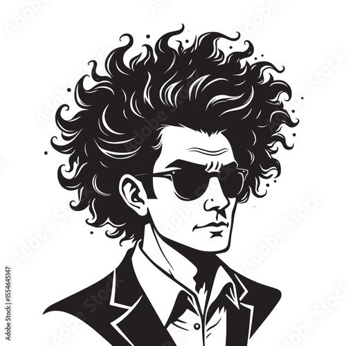 Hand-drawn cartoon portrait of young man with curly hair, stylish casual look, vector illustration.