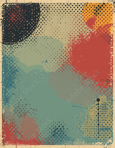 Vintage Abstract Grunge Background with Colorful Halftone Patterns and Distressed Texture