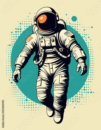 Retro-Inspired Astronaut Illustration with Vintage Pop Art Style and Bold Colors in Space-Themed Design