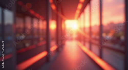 Abstract blurred view of an urban corridor bathed in the warm, vibrant glow of a sunset or sunrise.