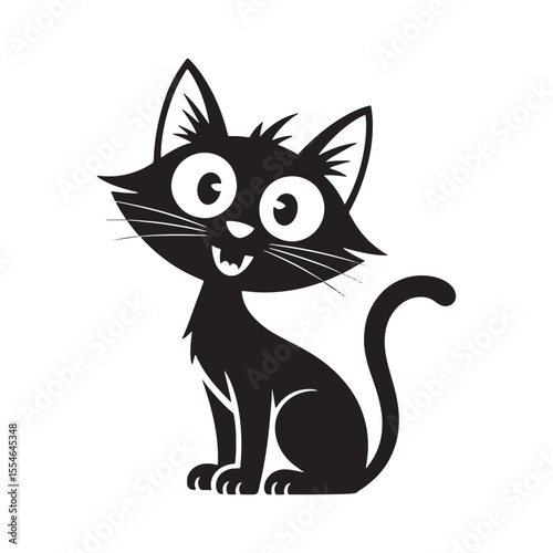 Cute cartoon black cat sitting with big eyes and happy face, funny pet animal vector illustration art.