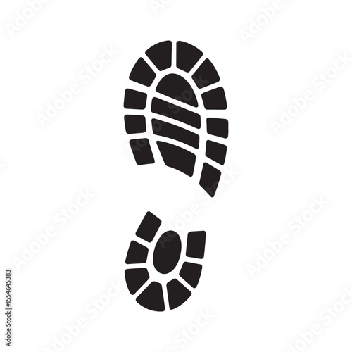 Black shoe print icon isolated on white background, hiking boot footprint silhouette symbol.