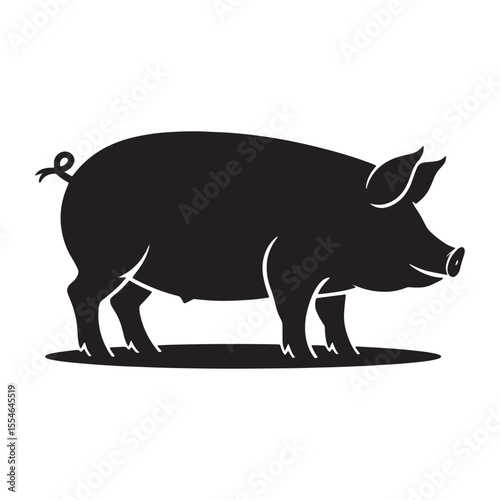 Silhouette of a farm pig standing on ground, domestic livestock animal vector illustration for design.