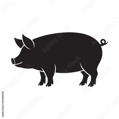 Silhouette of a farm pig standing on ground, domestic livestock animal vector illustration for design.