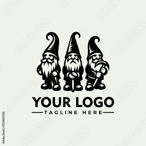 Three gnomes stand side-by-side, one holding a pickaxe, in a black and white logo design.