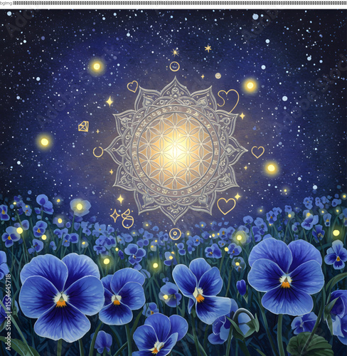 Mystical Night Field of Blue Pansies and Firefly Mandala