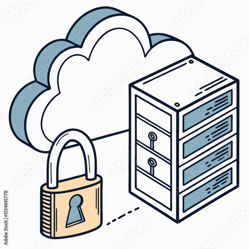 Vector cloud server with a lock icon isolated on a white background, representing secure online data.