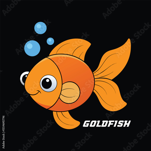 A cartoon orange goldfish on a black background, with blue bubbles.