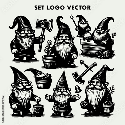 Set of six vintage-style gnome logos, each holding tools and gardening items.