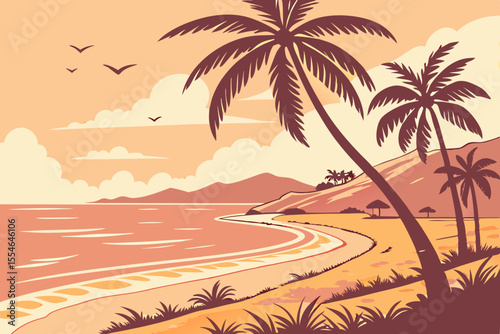Tropical Beach Sunset with Palm Trees - Transparent Vector for T-Shirt Design