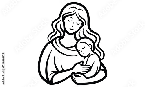 Stylized black and white line art illustration of a mother holding her sleeping baby close symbolizing love care and family bonding