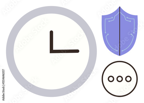 Clock indicating time, shield representing security, and chat icon for communication. Ideal for productivity, planning, cybersecurity, teamwork, scheduling, organization simple flat metaphor