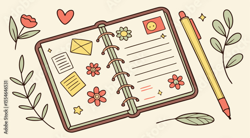 Cute Vector Illustration of Journals with Stickers, Pencil, and Pen on Beige Background