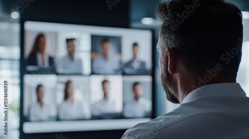 Businessman in Video Conference with Diverse Team Members on Large Screen Display