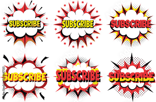 Collection of six comic book style subscribe buttons with red yellow and black colors