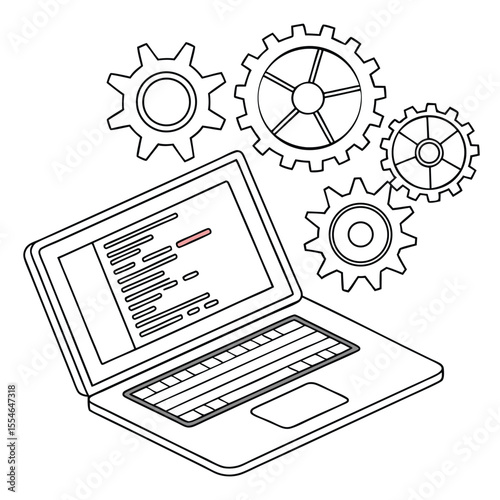Vector illustration of a laptop with code and gears on a white background, for software engineering and development.