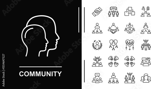 Community concept with head profiles and social interaction icons set
