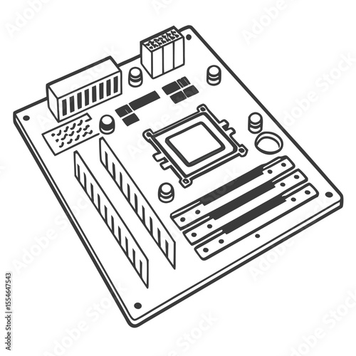 Minimal vector icon of a computer motherboard on a white background, symbolizing core computing technology.